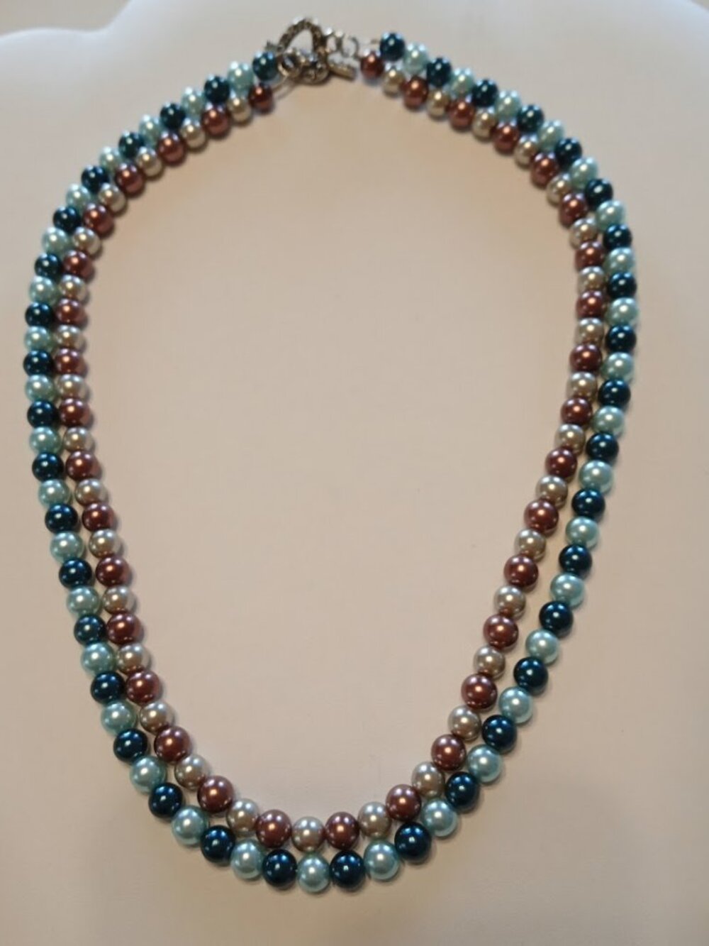 VTG 20"HONARA Double Strand Glass/Shell Pearls Teal Mauve Champagne Heart Toggle